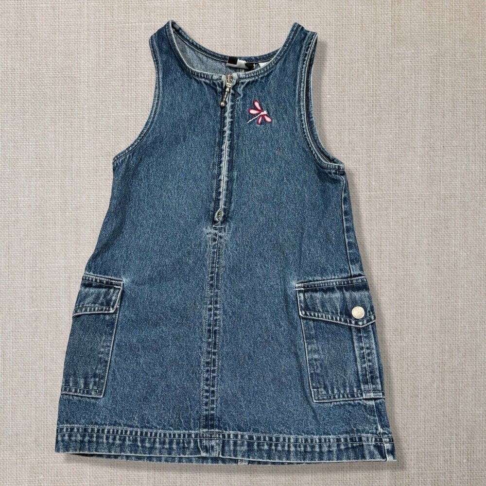 Girls Denim Jumper Dress Size 5  Utility Pockets Zip Front Y2K  Retro Dragonfly